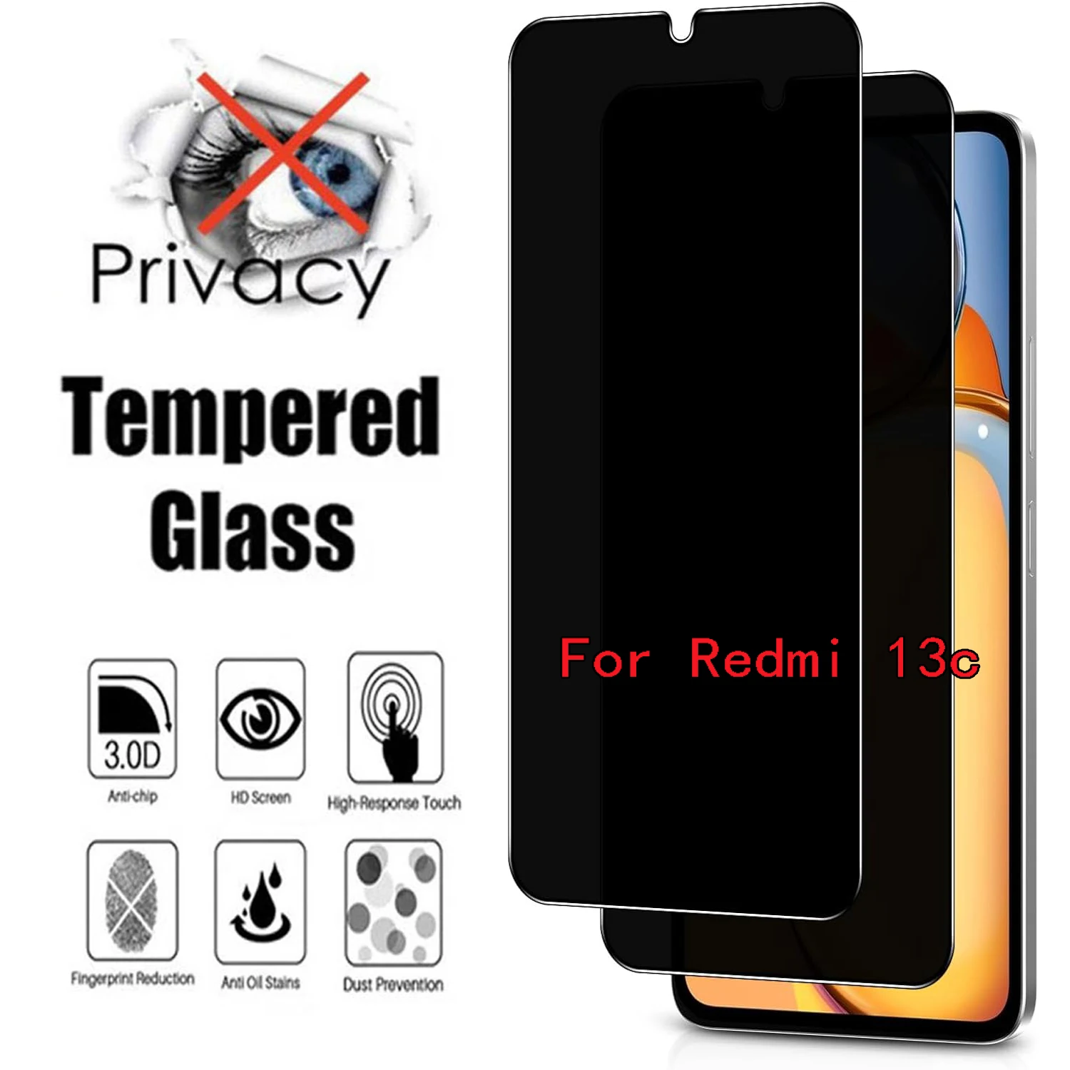 قطعتان من الزجاج المقسى المضاد للتجسس لهاتف Xiaomi Redmi 13C واقي شاشة الخصوصية