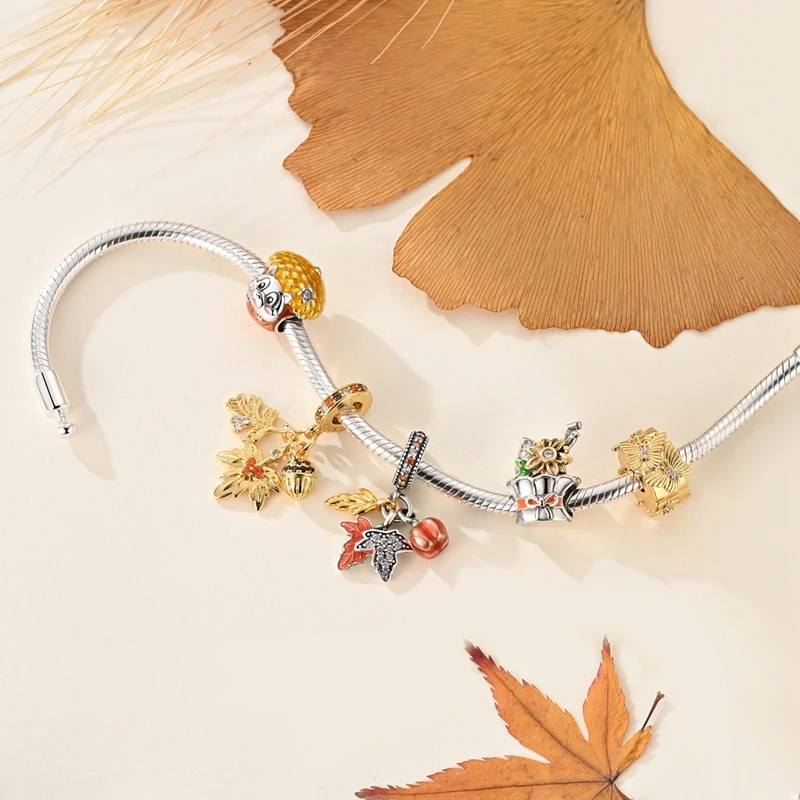 925 Sterling Silver Squirrel Maple Leaf Windmill Autumn Series pendant charms Charm Fit Original DIY Bracelet Women Jewelry