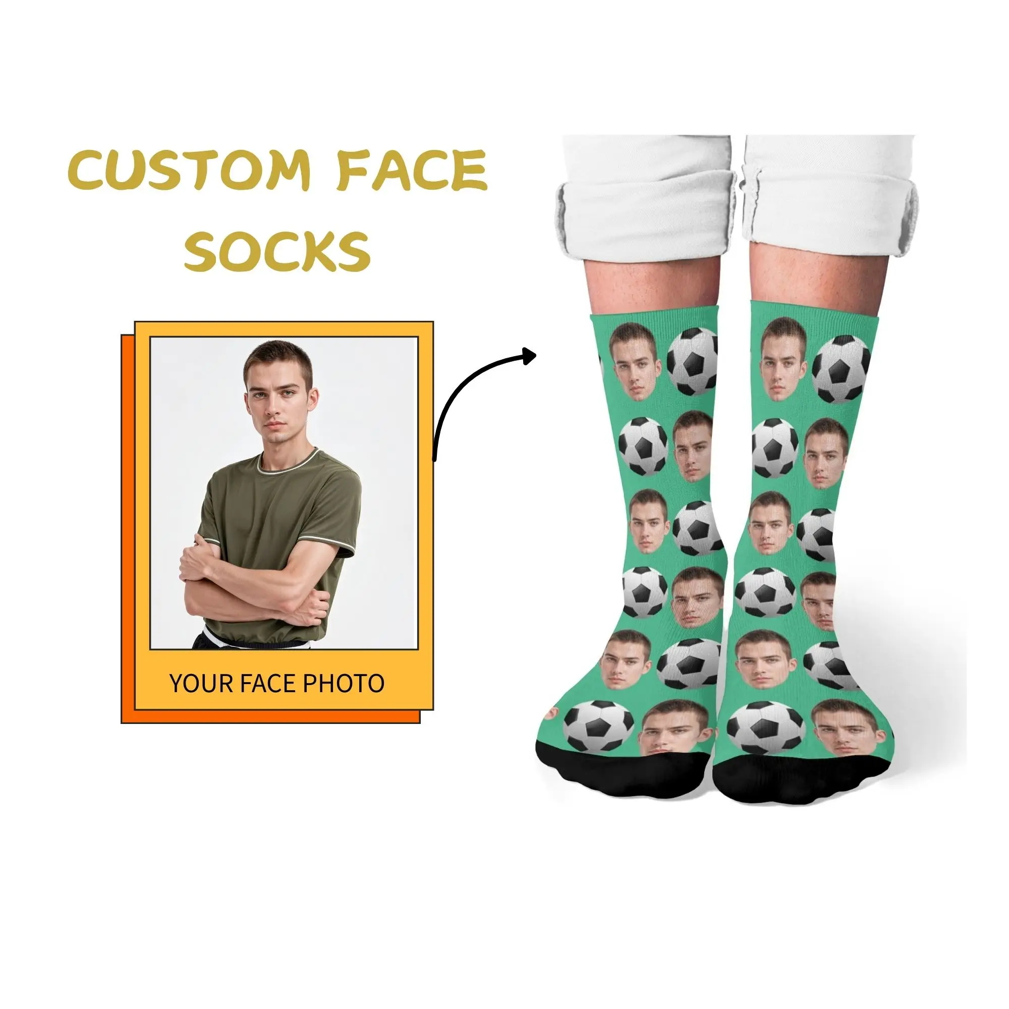 

Custom Face Soccer Sports Socks Mint Green with Classic Black-White Soccer Pattern Print Personalized Gift for Football Fans