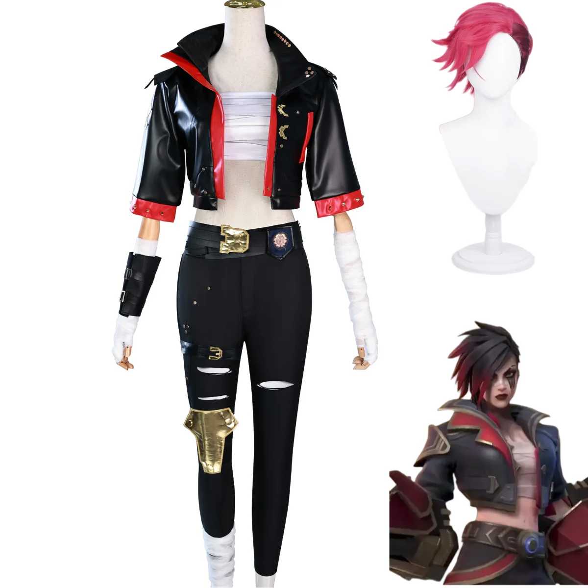 

Game LOL Arcane 2 Underground Fighter VI Cosplay Costume Wig Black PU Coat Combat Uniform Man Woman Halloween Party Suit