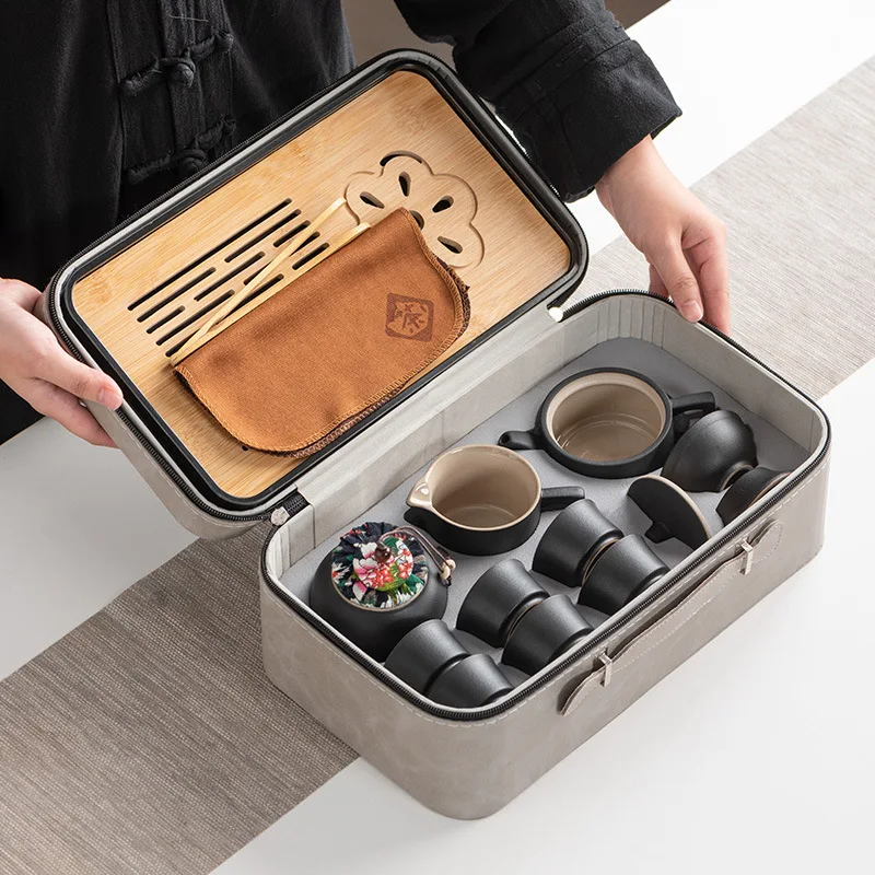 Black pottery kung fu tea set side pot home outdoor travel with hand gift set portable simple Japanese style set