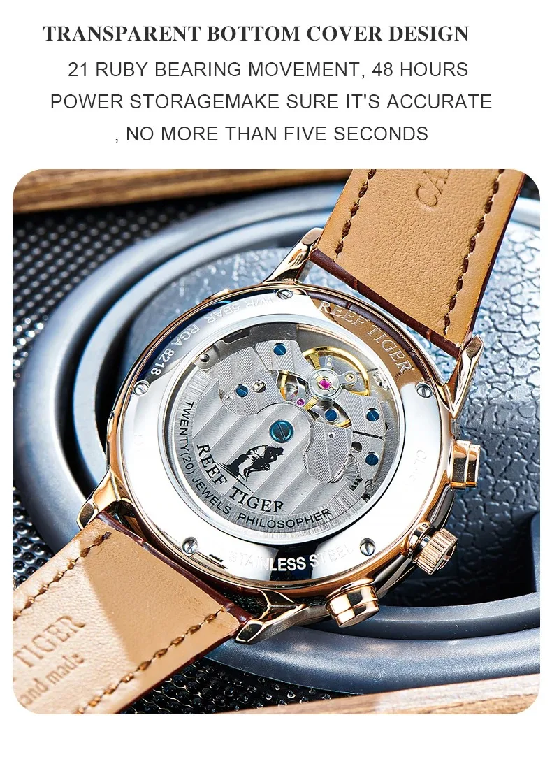 Reef Tiger Men นาฬิกาอัตโนมัติ 42 มม.นาฬิกาข้อมือ 50M กันน้ํา LumeSapphire Mirror Multi-Dial เดือนสัปดาห์วันที่
