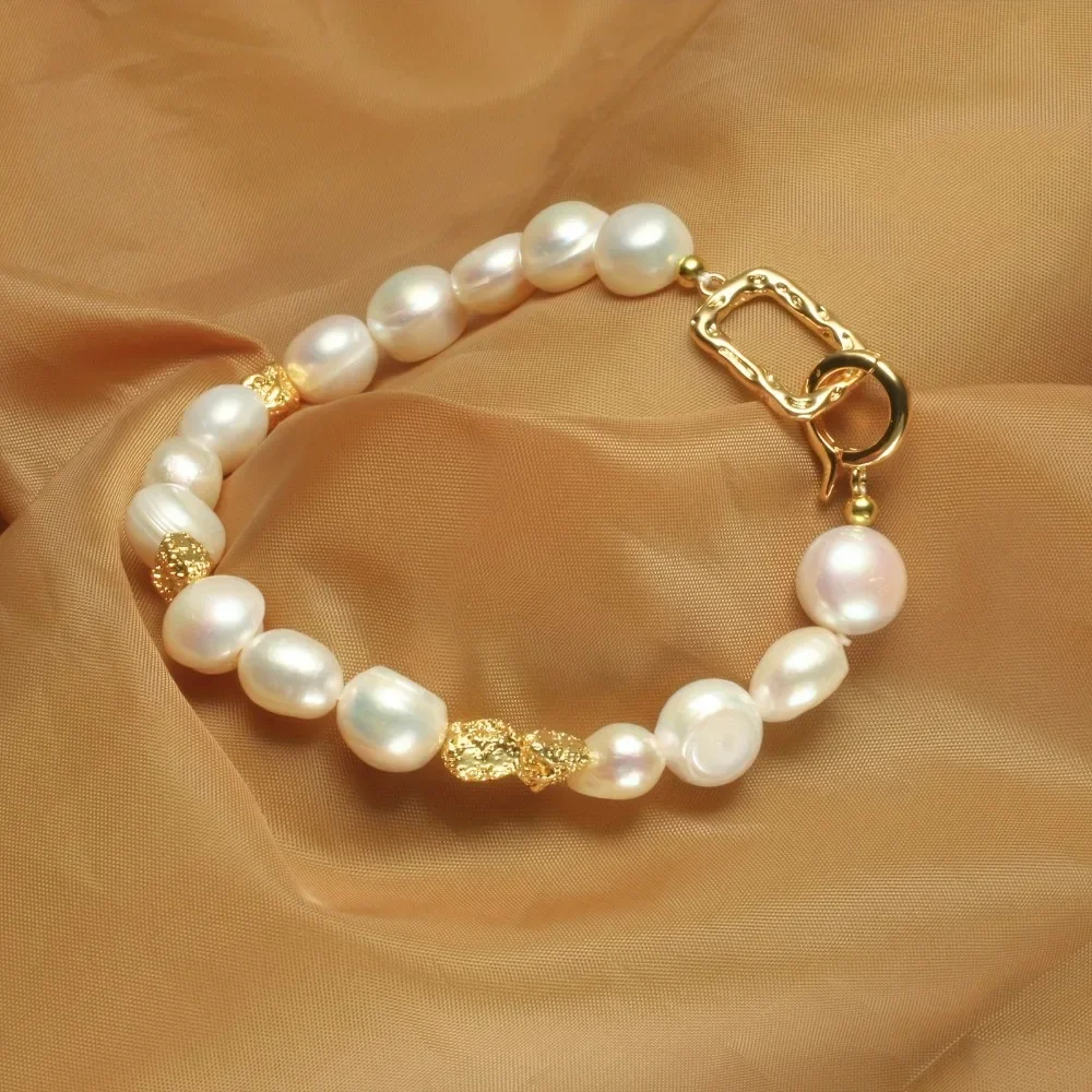 HENGSHENG 8-9mm Baroque Natural Freshwater Pearl Bracelets for Women 14k Gold Plated Square & Round Buckle Women's Hand Bracelet