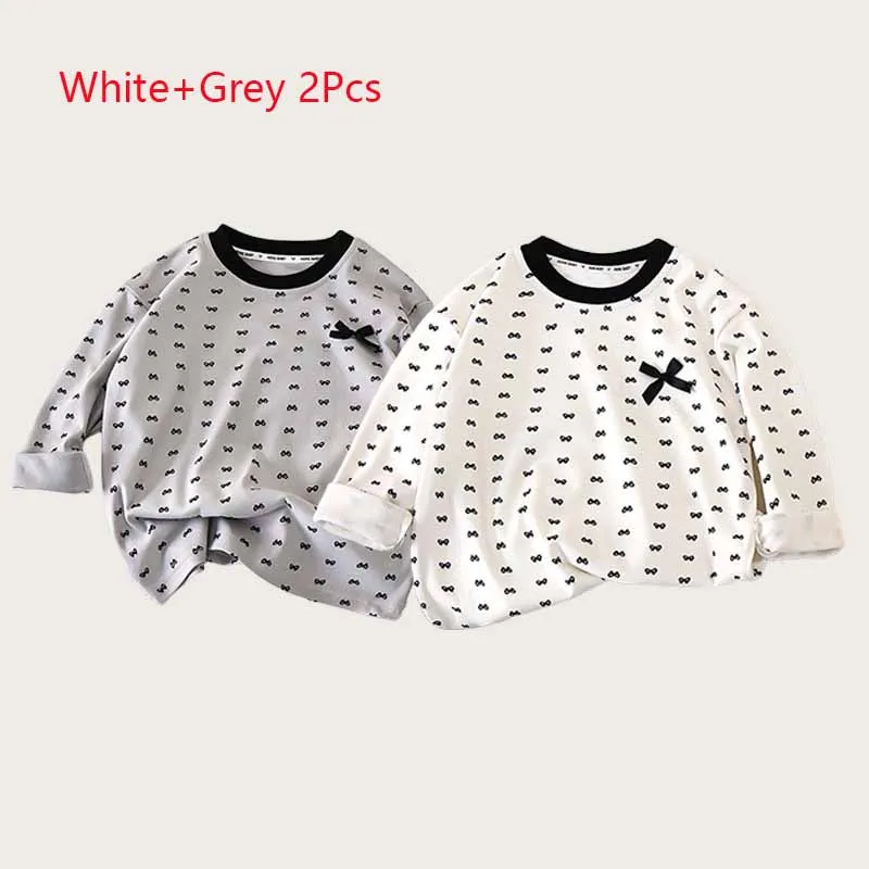 2 Pieces Baby Blouse Girls Bow Tie Clothes Spring Children's Cute Tops Autumn Winter Casual T-Shirt Kids Loose Bottoming Shirt