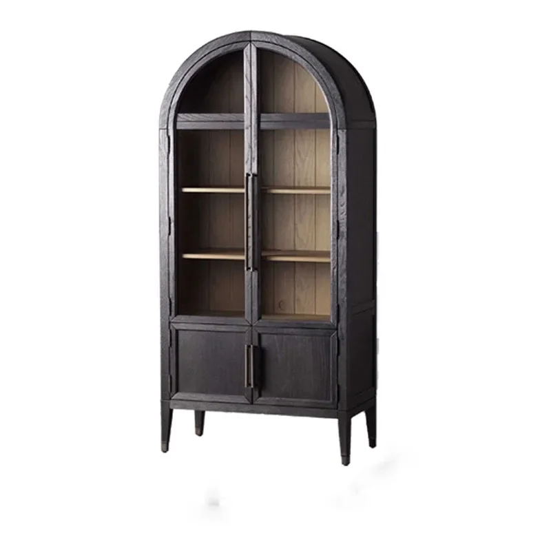 Country solid wood bookcase with door French vintage black glass door storage sideboard arched study bookshelf