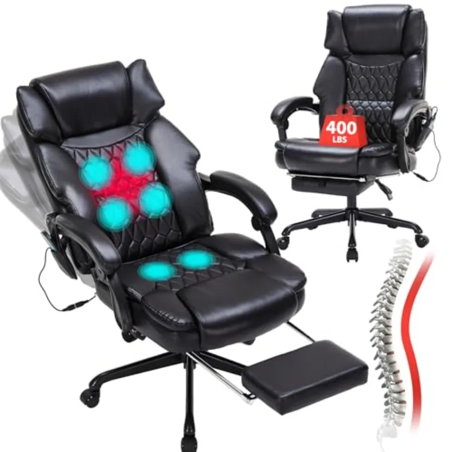 Home office ergonomic executive chair with steel frame, black leather, 6-point vibration massage, heat function, footrest, and