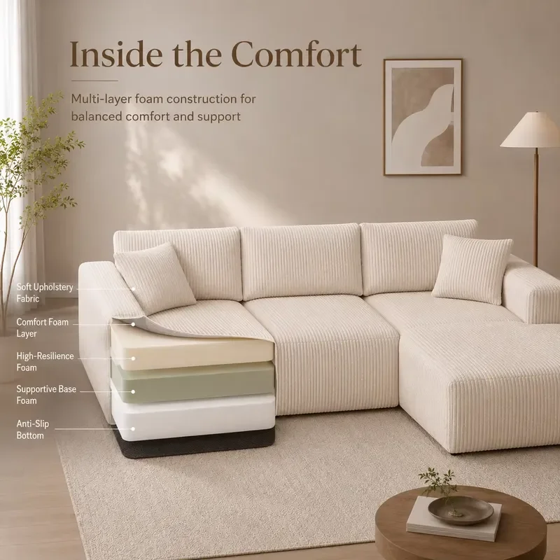 Modern Vacuum Compressed L Shaped Modular Sectional Sofa Cream White Corduroy Fabric Cloud Couch for Living Room