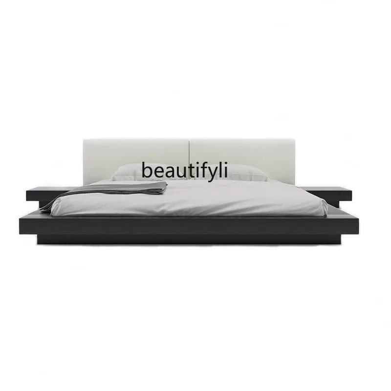 QQ132 Italian Minimalist Tatami Master Bedroom Double Bed Nordic Black Walnut Solid Wood Bed Large Flat Villa Furniture