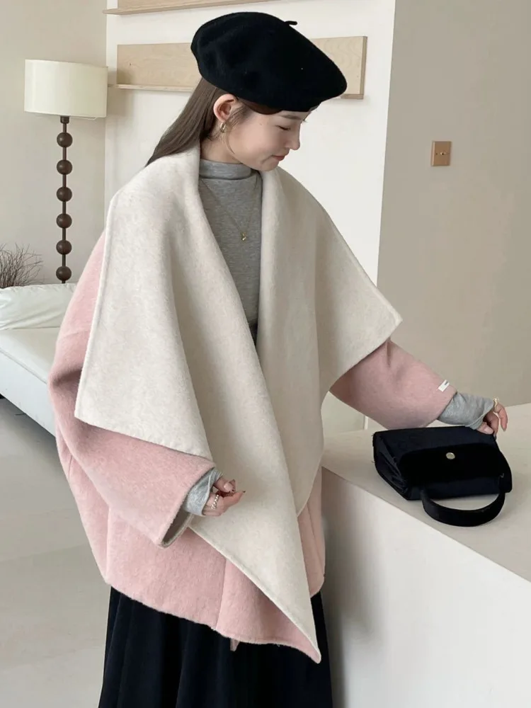 ZMEENNA Cappotto da donna elegante reversibile in misto lana con collo a scialle aperto sul davanti Capispalla invernale caldo oversize ZM3663