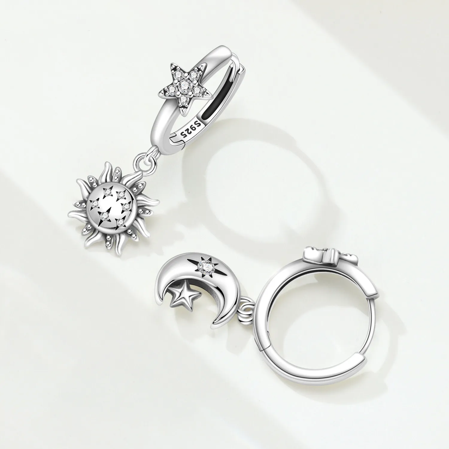 Elegante Doppelkreis-Stern-und-Mond-Ohrringe aus Echtem 925 Sterling Silber, Edle Schmuckstücke für Frauen und Mädchen, Geburtstags- und Feiertagsgeschenke – Detail 1
