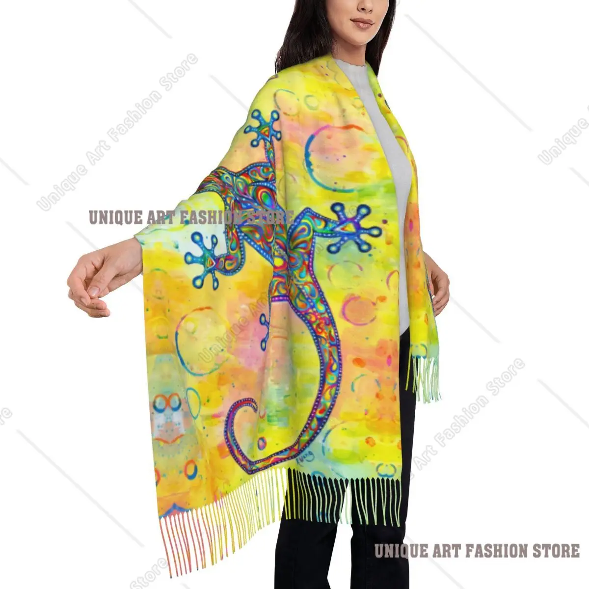 مخصص أبو بريص مخدر بيزلي سحلية وشاح التفاف للنساء شتاء طويل دافئ شرابة شال للجنسين الأوشحة