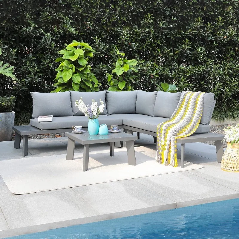 4-Piece Outdoor Patio Furniture Set L-Shaped Aluminum Sectional Sofa with Coffee Table All-Weather Patio Conversation Set