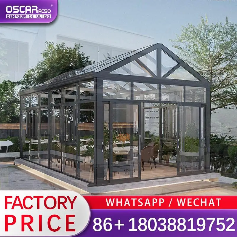 Customized Triangle Roof Tempered Glass Sliding 4Season Sunroom Outdoor Glass House with 1Year Warranty sunroom