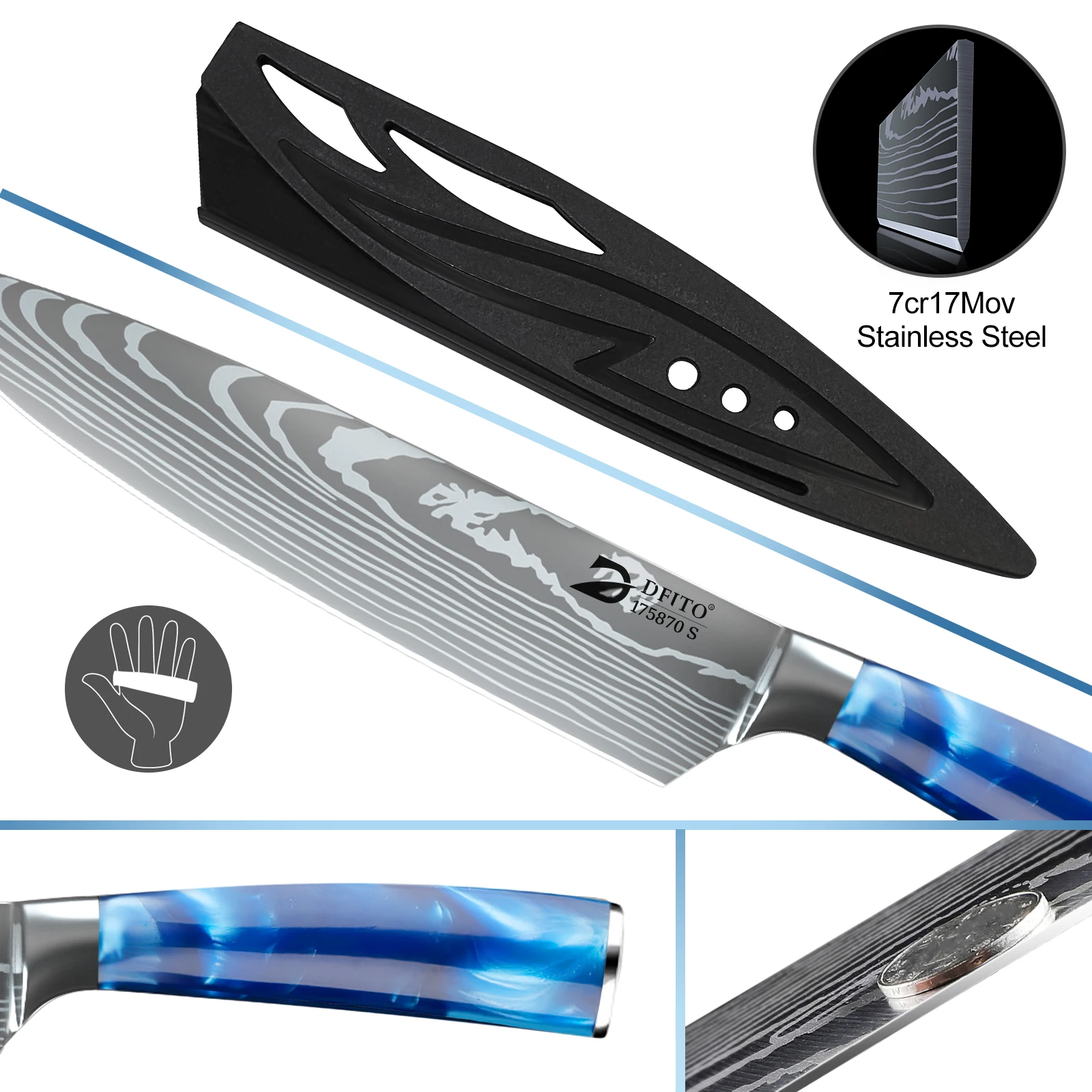 8-teiliges Küchenmesser-Set aus 7CR17MOV Edelstahl mit Kochmesser, Hackmesser, Brotmesser, Santoku-Messer, Schälmesser, Ausbeinmesser, blauem Harzgriff, Messertasche und Klingenschutz sowie Schleifstab – Detail 5