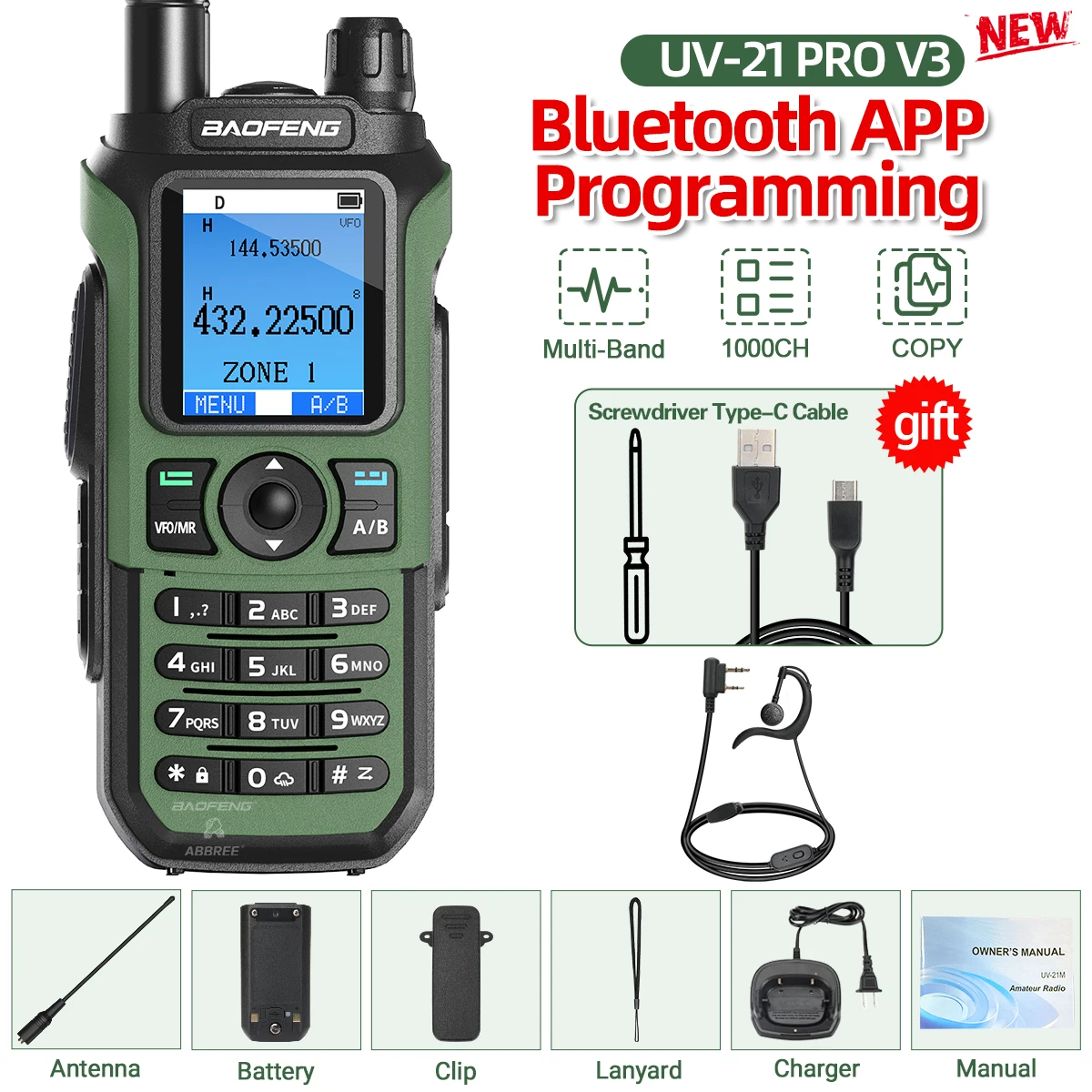 Baofeng UV-21 PRO Air Band Walkie Talkie Lange afstand Bluetooth Programmering 1000CH AM FM NOAA VOX Type-C Oplader V3 Tweerichtingsradio