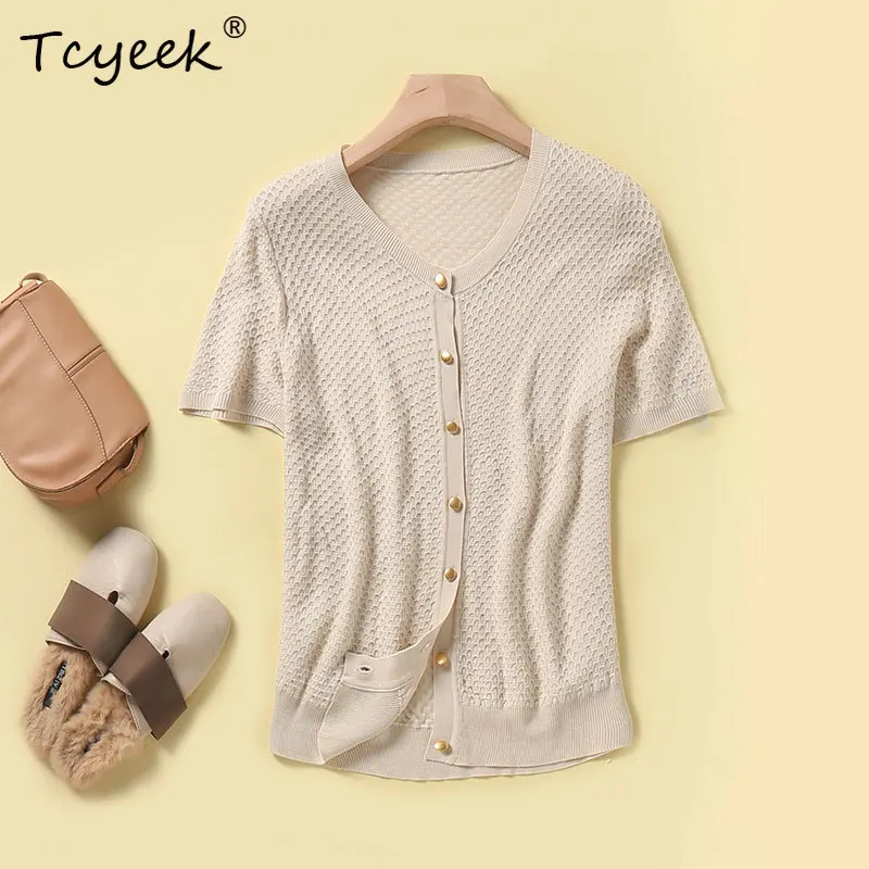 

Tcyeek, 70%Natural Silk Elegant T-Shirt, Women O-Neck Short Sleeve, Loose Versatile Soft Knit Top, 2024 Summer Autum T48029QC