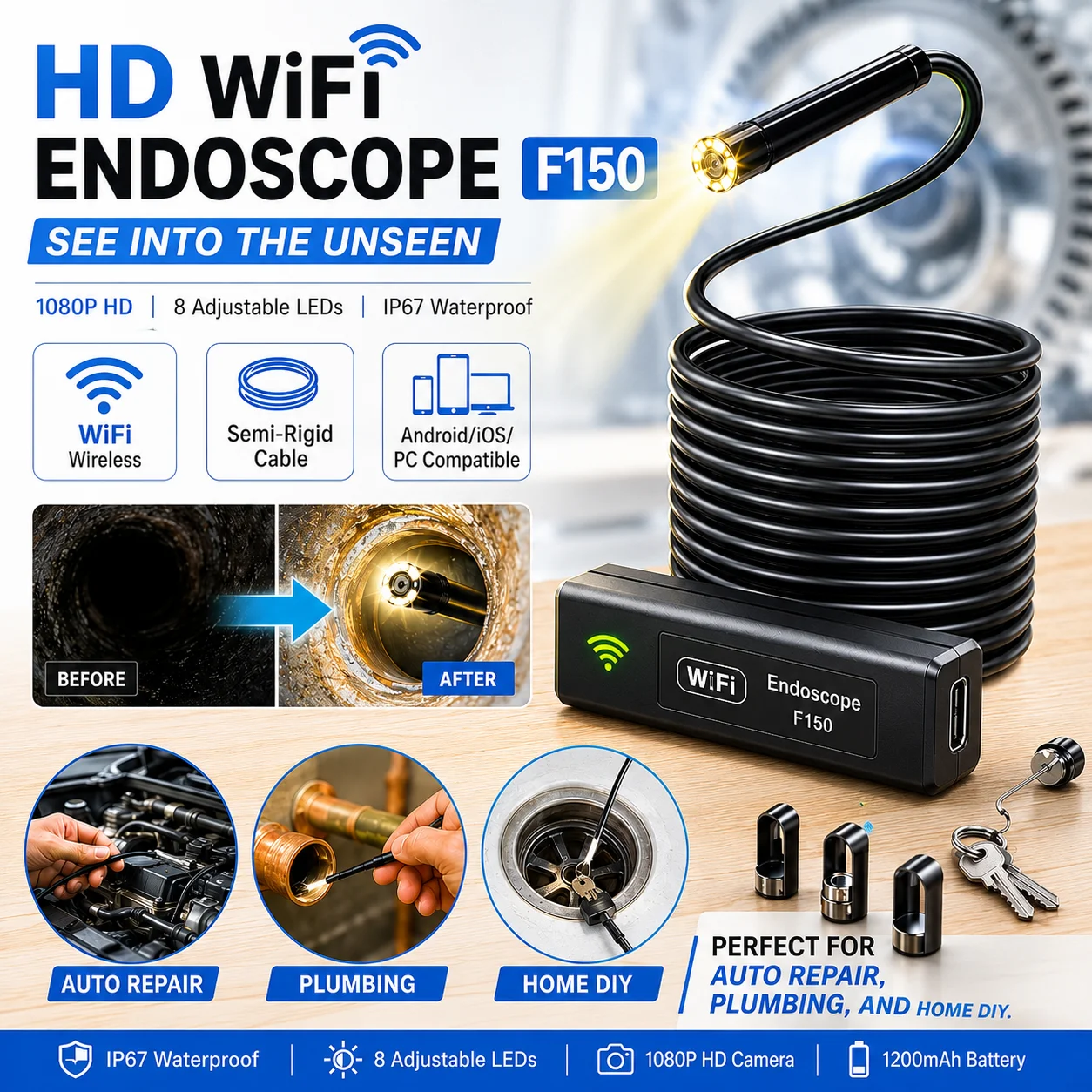 Wireless HD Endoscope Camera, F150 1600x1200 WiFi Inspection Borescope with Light, 8.0mm IP67 Snake Scope Camera for Auto Repair