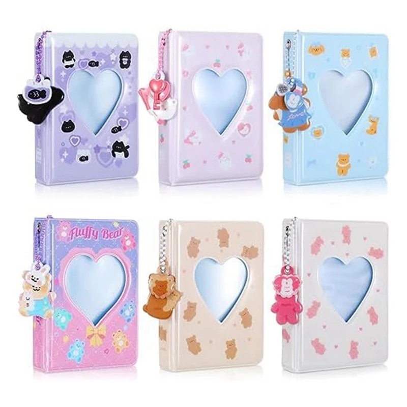 6Piece 3 Inch Kpop Photocard Binder Mini Photo Album  Love Heart Photo Card Holder 40 Pockets With Bear Pendant