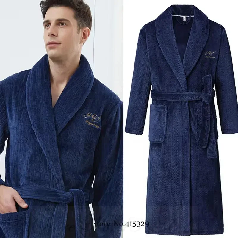 Winter Nightwear Kimono Bathrobe Gown PLUS SIZE Thick Flannel Long Robe Couple Sleepwear Home Clothes Coral Fleece Loungewear