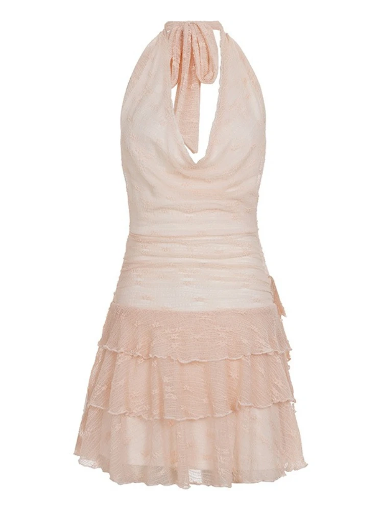 SsTss 夏ロマンチックなライトピンクのレースのホルタードレス女性のセクシーなレースアップディープ V ノースリーブバックレススリムティアードフリルミニドレス