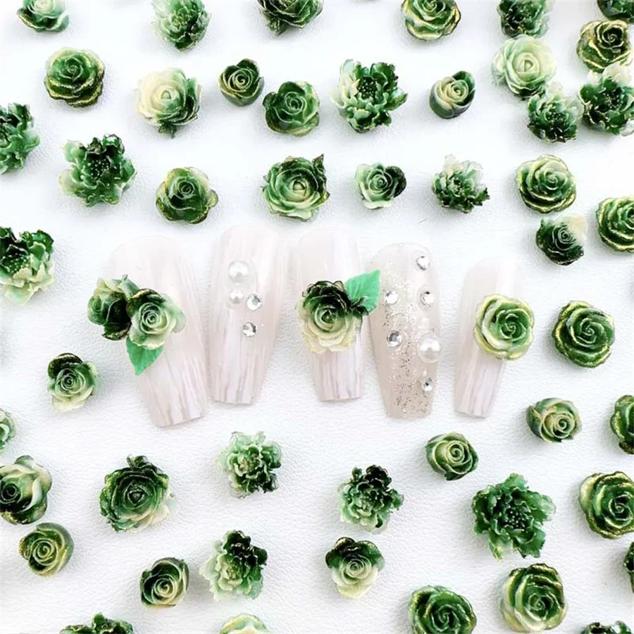 20pcs Kawaii Green Flower Resin Nail Art Charms Cartoon Mixed Camellia Bud Rose Nail Rhinestone Decorations Jewelry Accessories