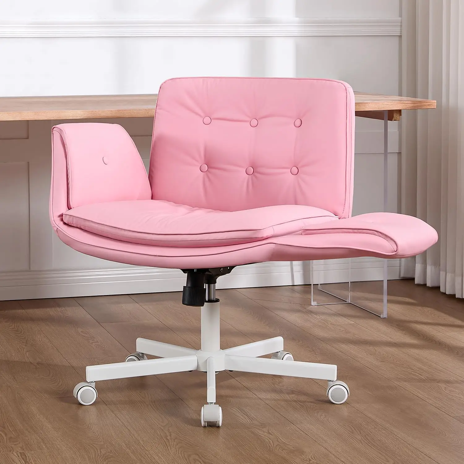 

Criss Chair with Armrests & Wheels, PU Leather Vanity Chair, Adjustable Swivel Computer Office Desk Chair (Pink)