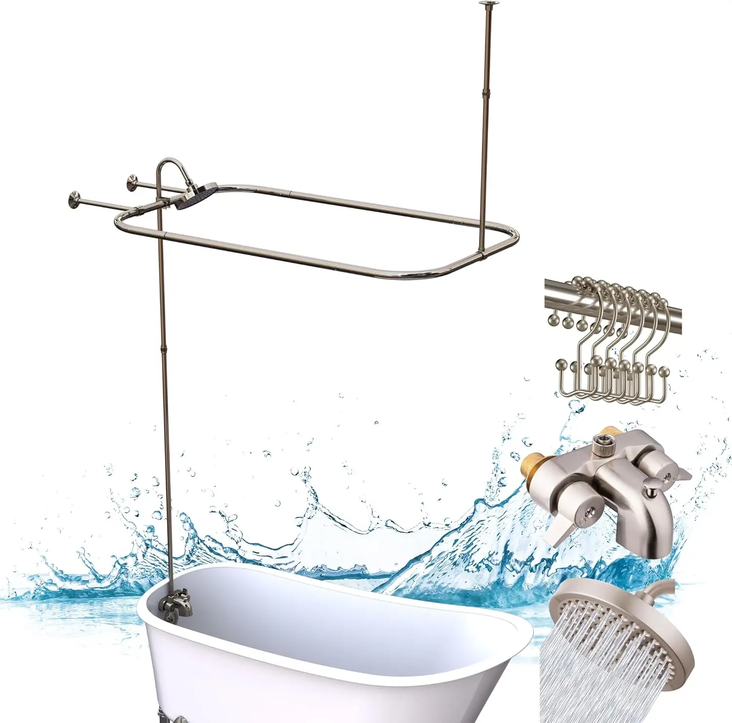 

Душевой комплект для ванны Clawfoot, прямоугольный смеситель из матового никеля размером 48 x 27 футов с переключателем и карнизом для штор