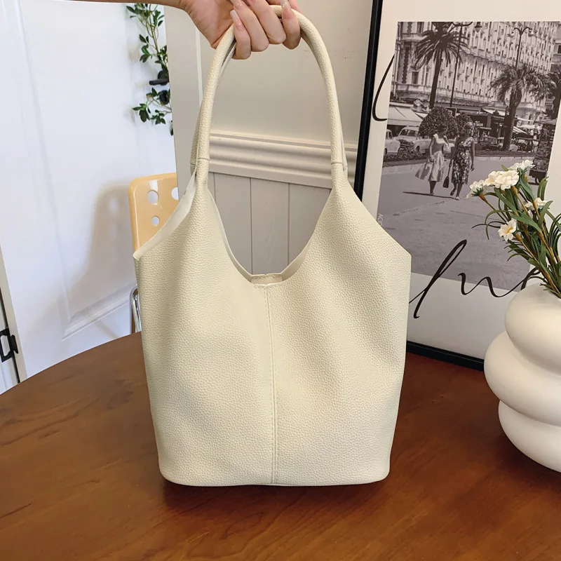 

Solid Color PU Korean Retro Large Handbag for Women 2024 High-end Fashion Bucket Bag Spliced Shoulder Bag Bolsas De Mujer