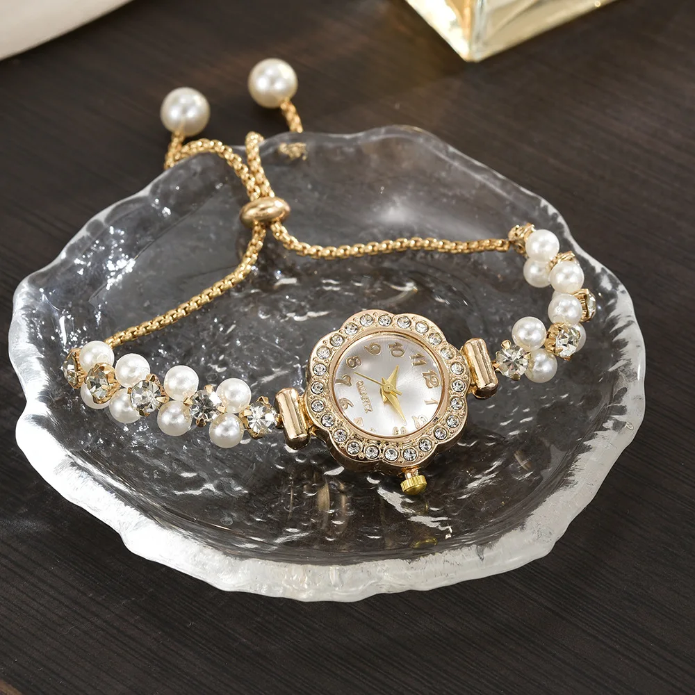 Free pull-out women's bracelet watch, fashionable color pearl studded diamond temperament quartz women's watch image 2