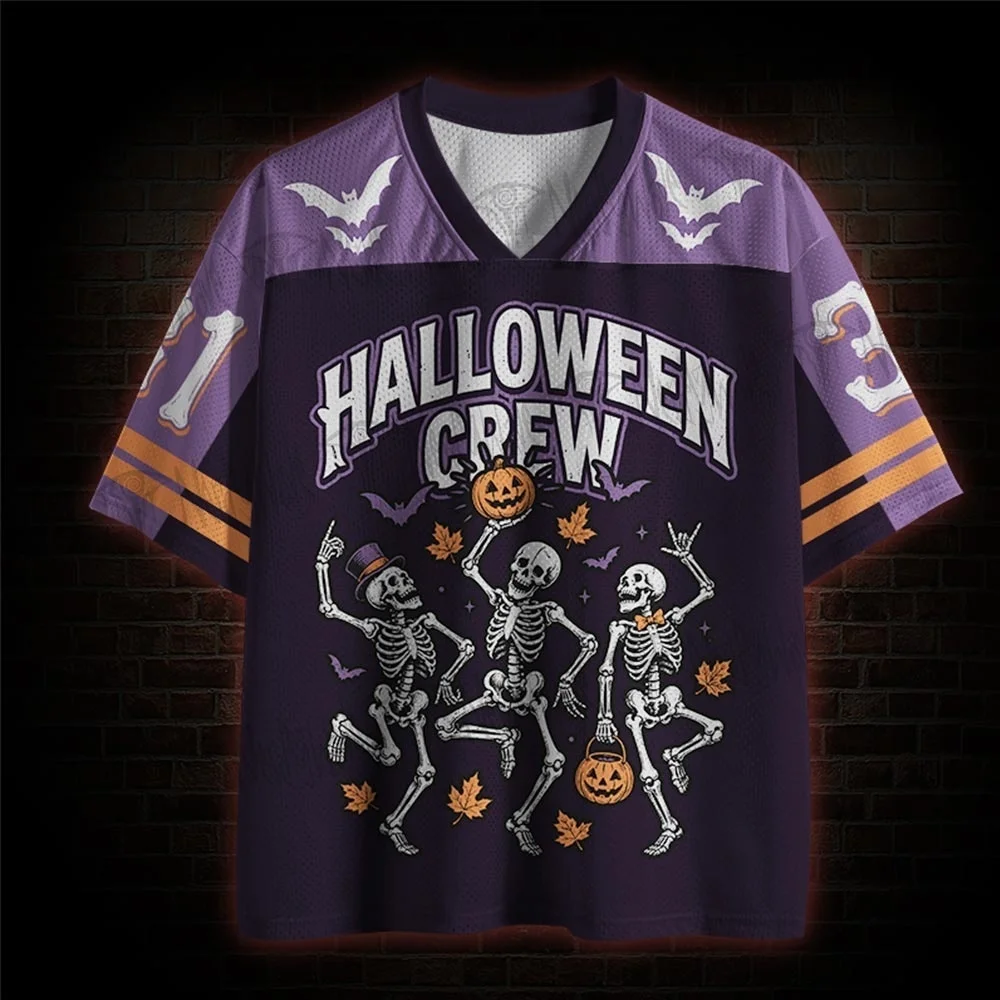 Halloween Dance Skeleton Halloween Crew Midnight Carnival 31 Pumpkin Maple Leaf Bat Mesh Short Sleeve Adult Children