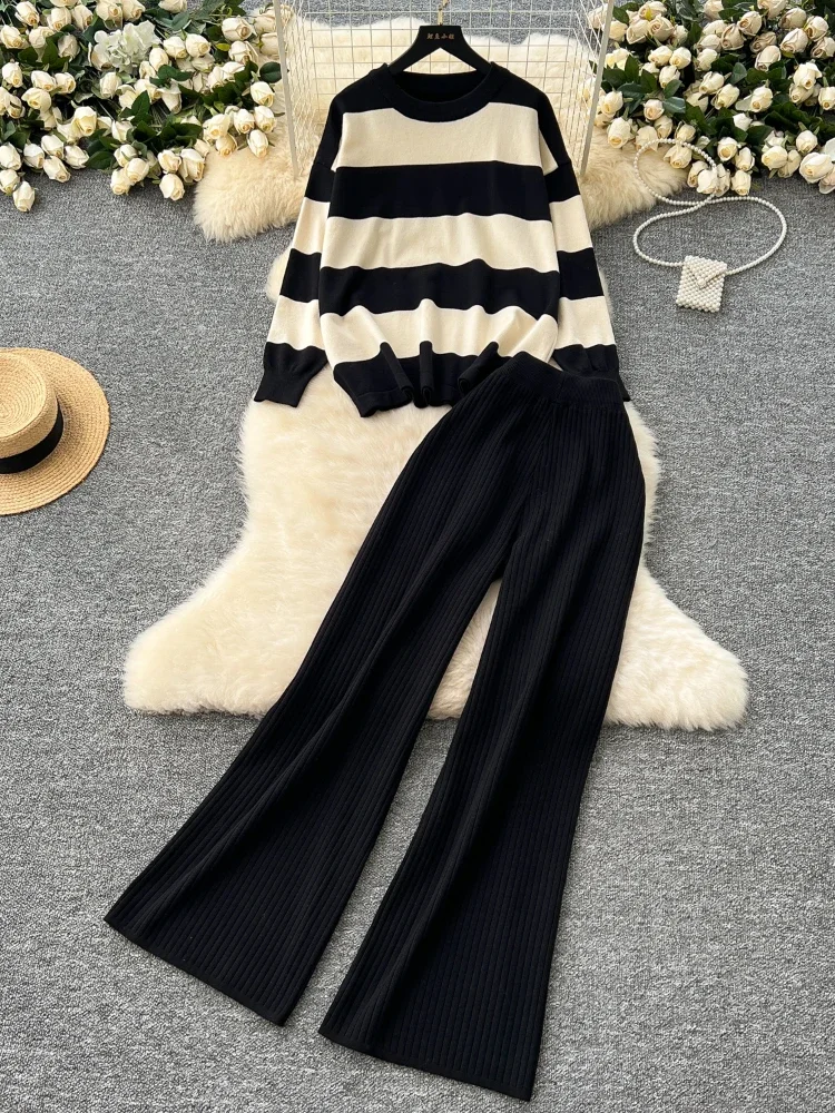 Lazy Style Two-piece Set Striped Pullover Knitted Sweater Top Autumn Winter High Waist Wide Legs Pants Streetwear Tracksuits