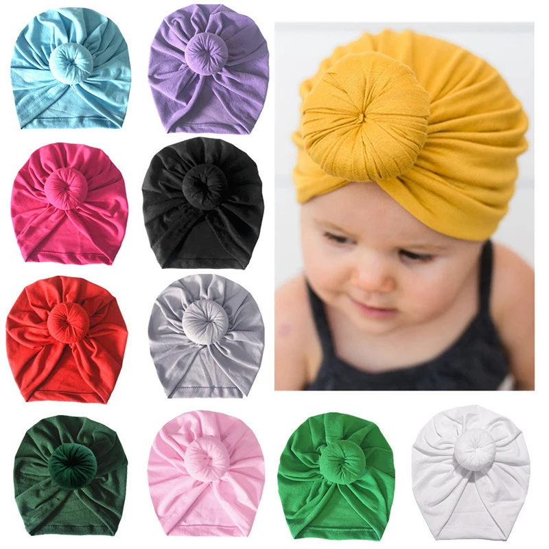 New Soft Cotton Round Knot Turban Babes Beanie Hat Solid Color Toddler Knot India Cap Skin Friendly Baby Headwear HeadWraps