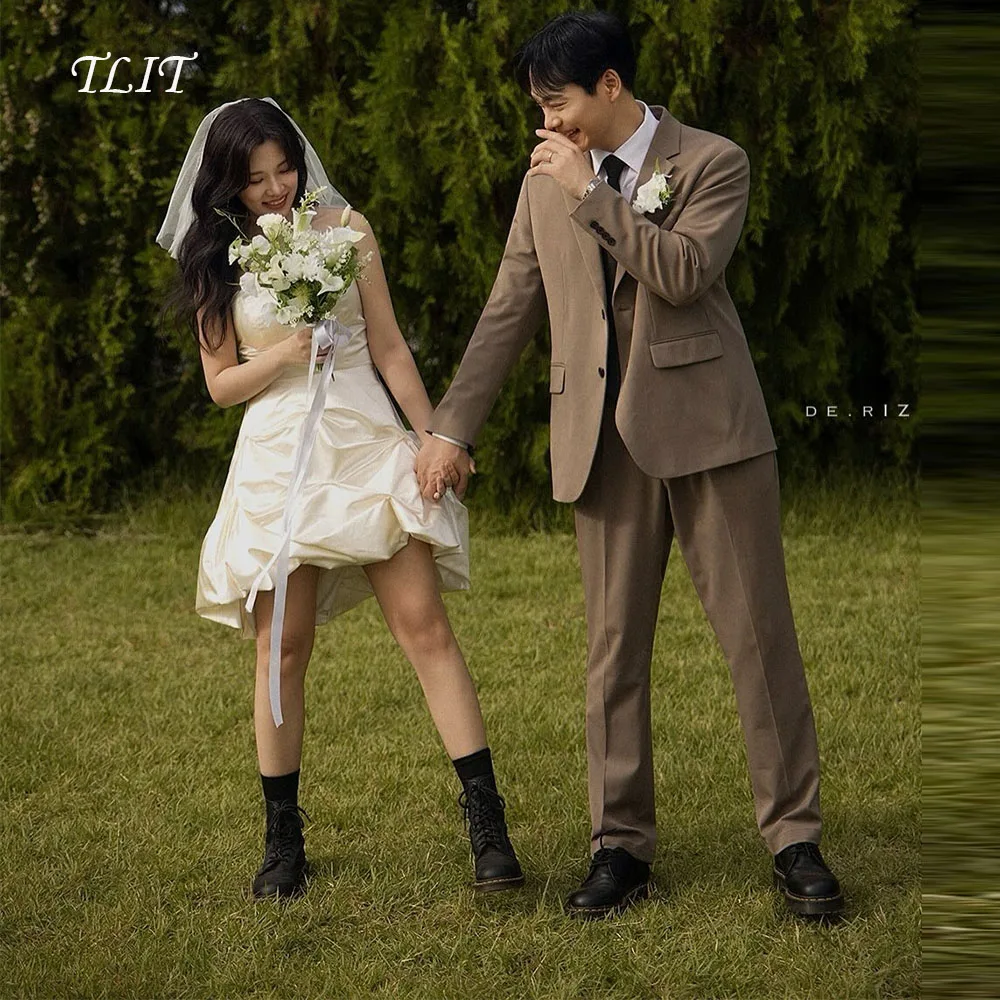 

TLIT Elegant Ivory Silk Satin A-Line Wedding Dress Strapless Draped Prom Gowns Korea Bridal Dress Photos Shoot Customized