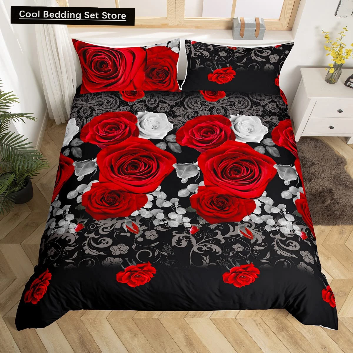 

Valentine's Day Rose King Queen Duvet Cover Red White Floral Bedding Set Romantic Flowers Quilt Cover Polyester Comforter Cover