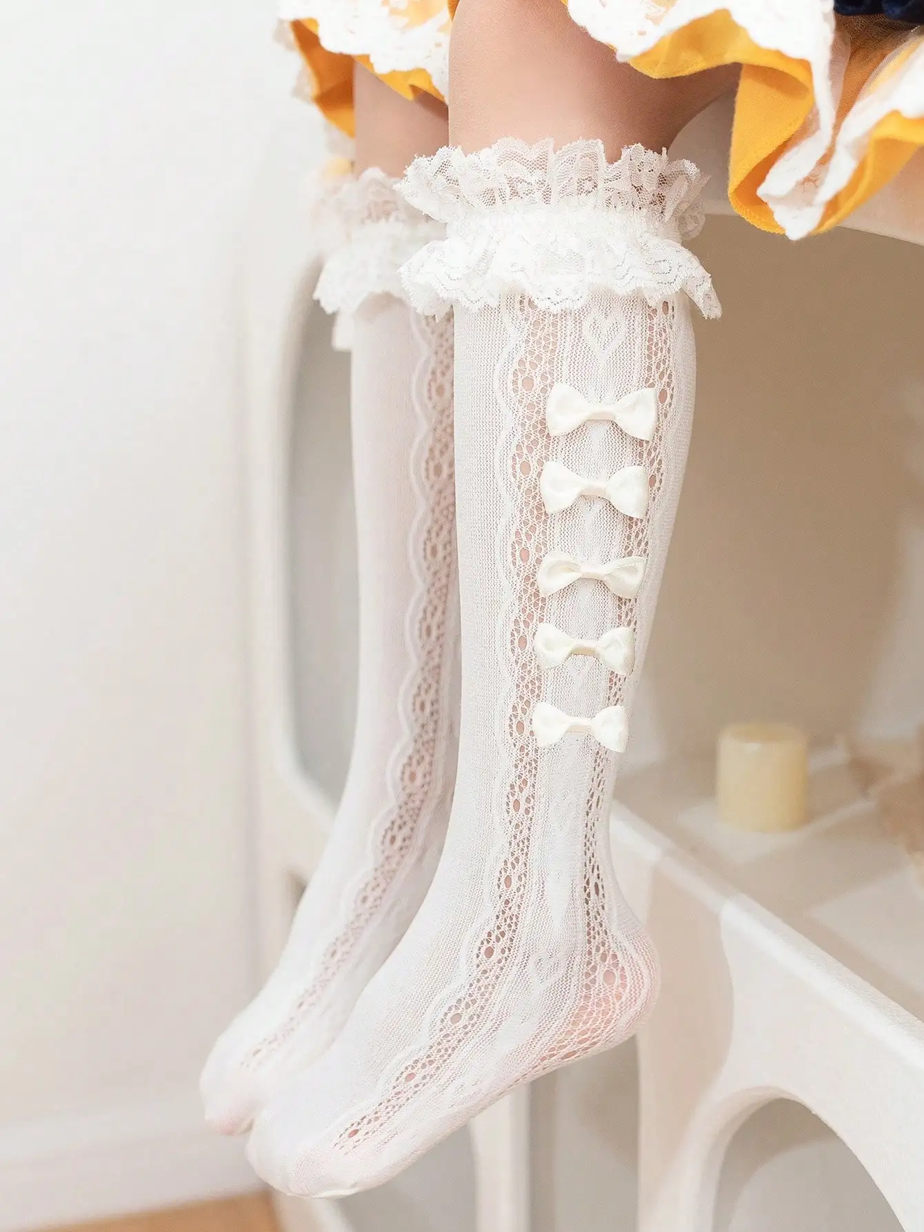1 Pair Kids Girls Knee High Socks Summer Thin Mesh Lace Ruffle Bow Heart Hollow Breathable Lolita Princess Calf Socks for 5‑8Y