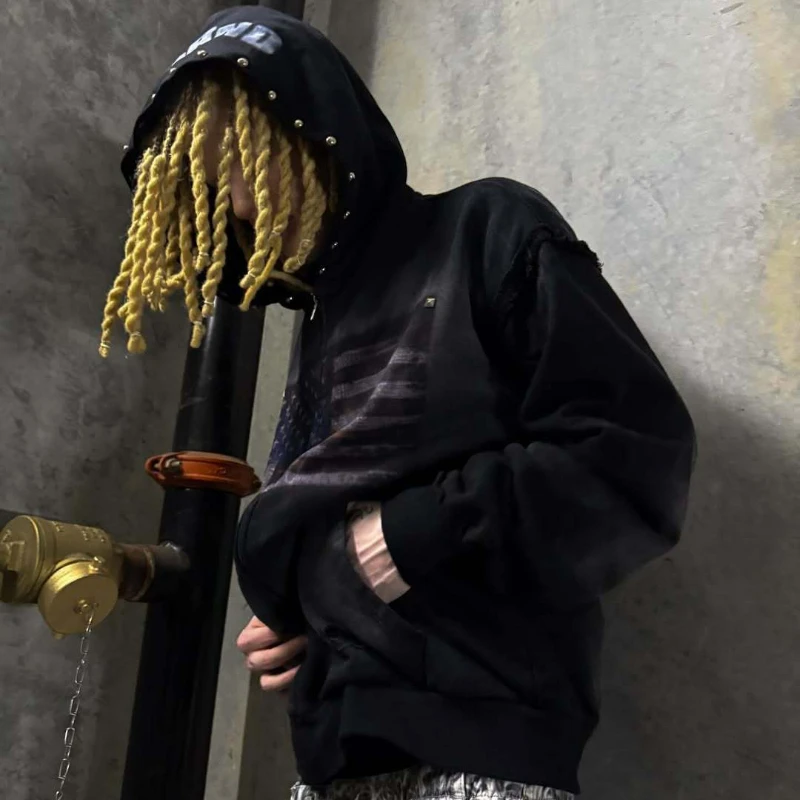 High Street Y2K Washed Worn Hooded Sweatshirt European American Willow Nail Metal Decoration Autumn Winter Streetwear Outerwear