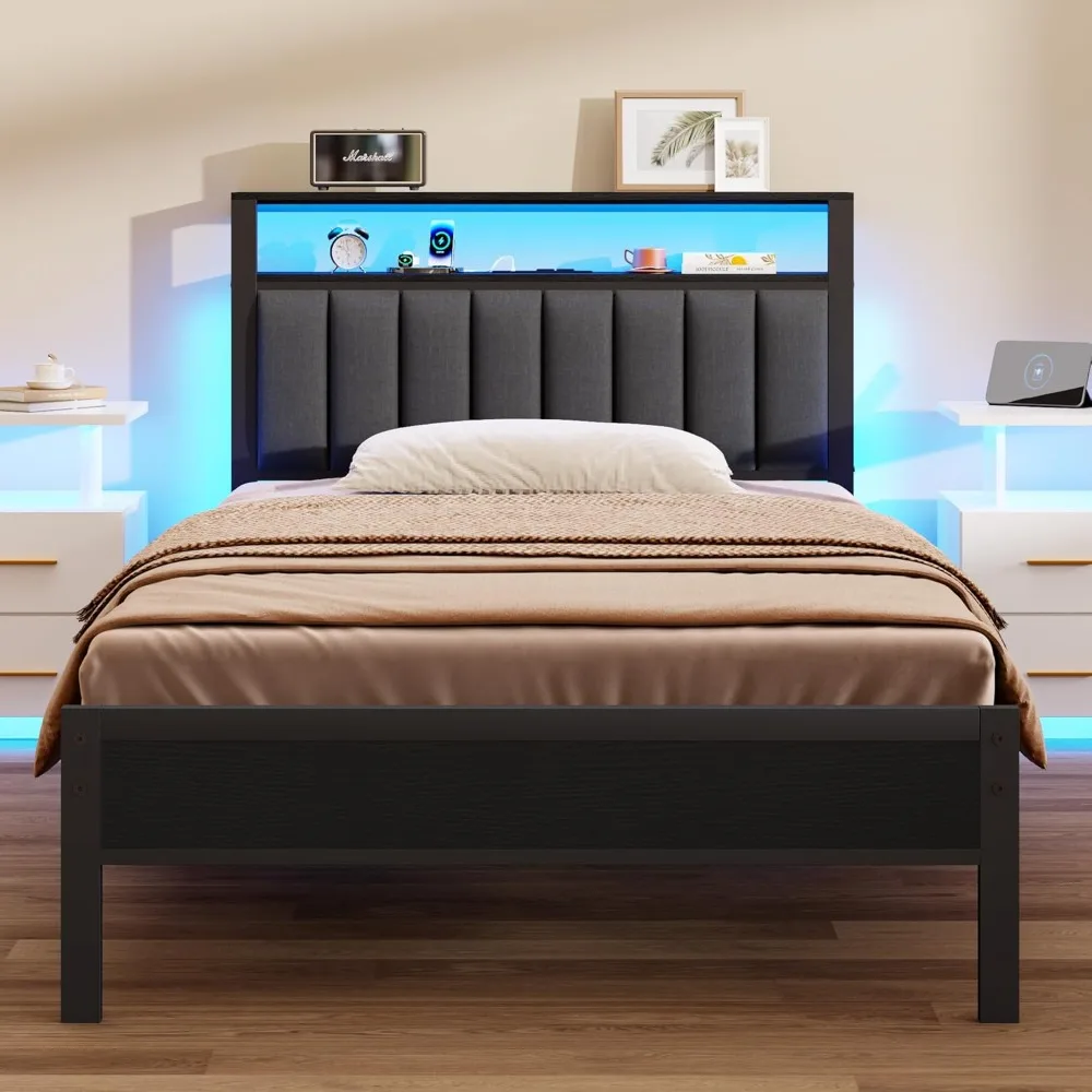 Twin Size Bed Frame with Charging Station and LED Lights, Platform Bed with Metal Slats, Grey Upholstered Headboard