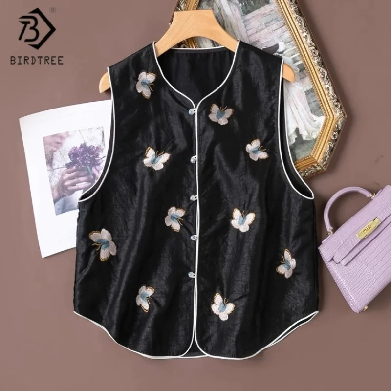 

Birdtree Summer 100% Mulberry Silk Waistcoat,Women's Craquelure Embroidery V-Neck Printing Single Breasted Coat T56310JF