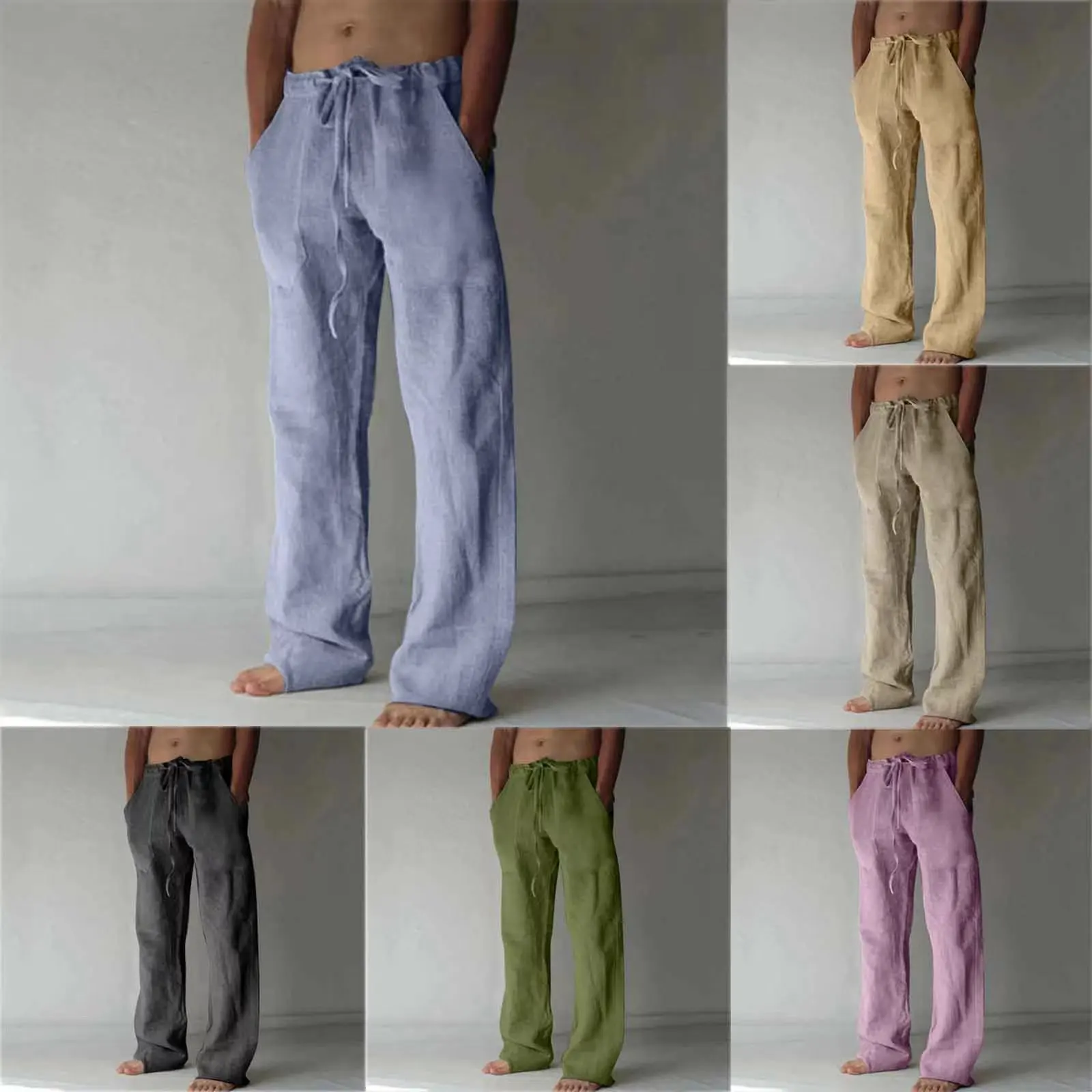 Spring and autumn 3D printed men's casual wide leg pants with clean color lace up cotton and linen comfortable long pants for me