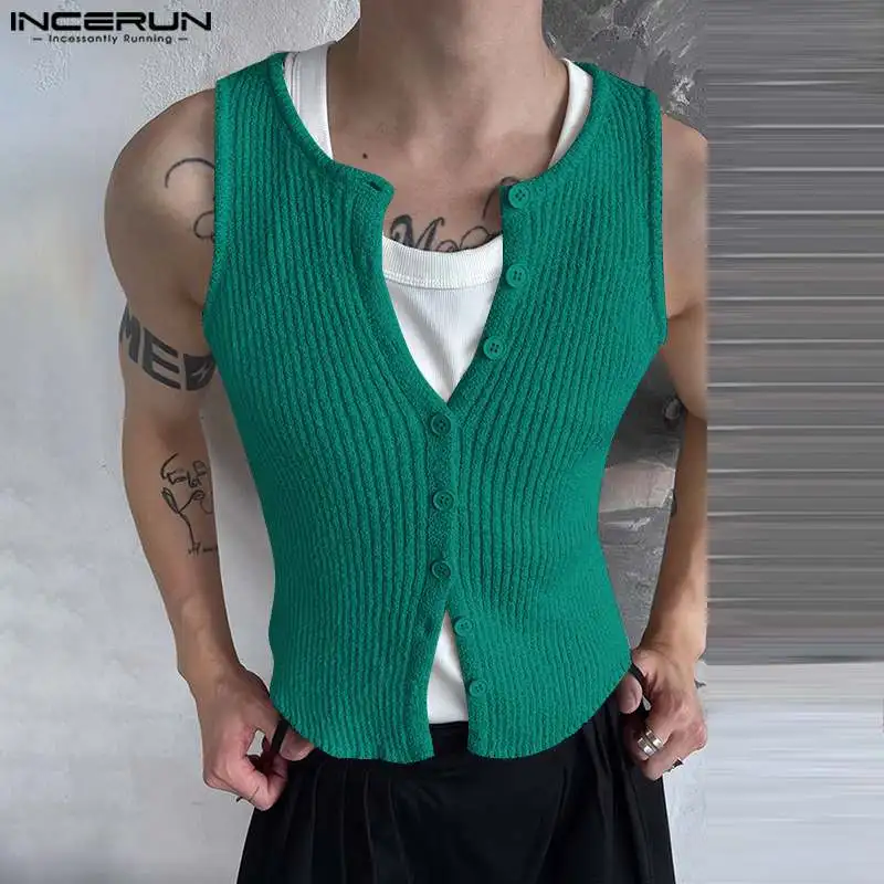 2024 Men Tank Tops Solid Color Knitted O-neck Sleeveless Button Streetwear Male Vests Summer Fashion Casual Men Clothing INCERUN