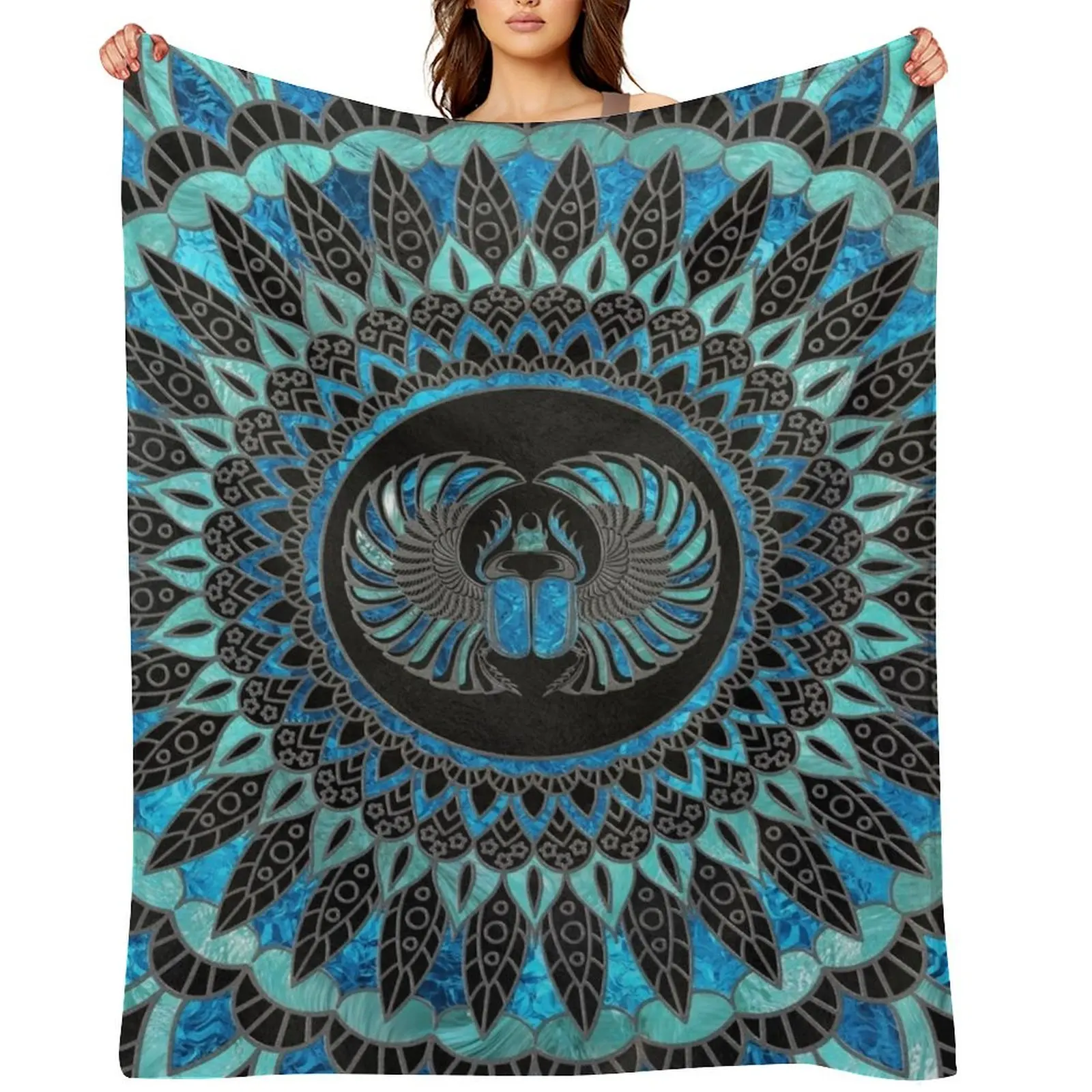

Egyptian Scarab Beetle - Gold and Blue glass Throw Blanket Luxury Throw Sofa Throw Bed covers Winter beds Blankets