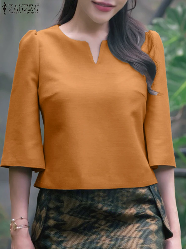 

ZANZEA Women Blouse Summer 3/4 Sleeve V-Neck Solid Color Tunic Tops 2025 Fashion Shirts Casual Loose Elegant Office Lady Blusas