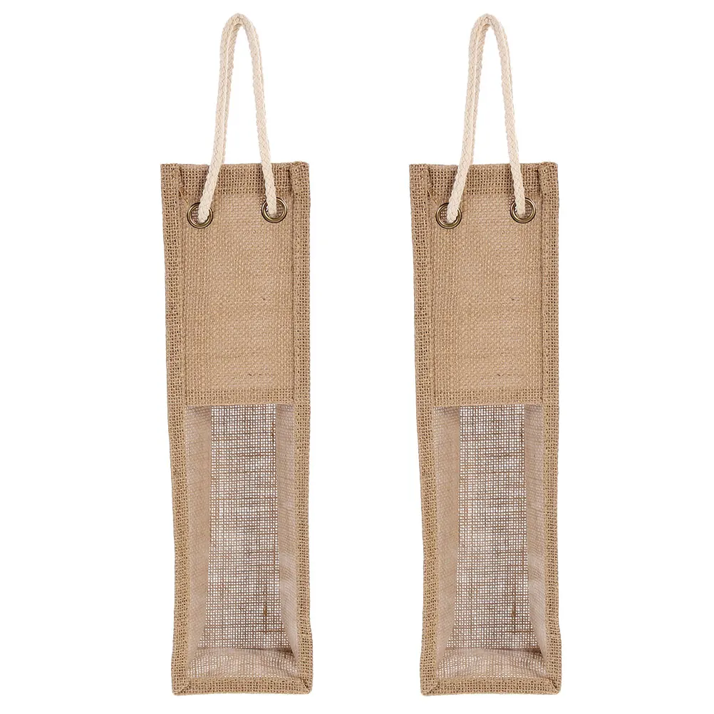 

2pcs Bag Jute Bottle Miniature Bags Clear Window Handles Fashionable Reusable Gift Tote For Bottle Packaging
