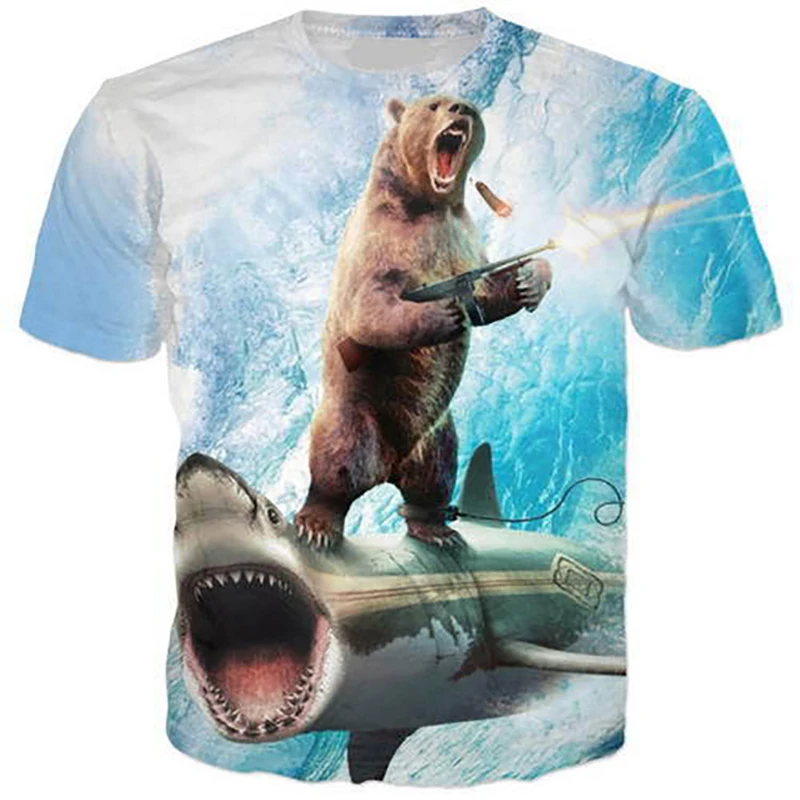 

Забавные футболки с медведем и акулой, мужские и женские футболки с 3D принтом животных, футболки с круглым вырезом и короткими рукавами, футболки большого размера, топы Harajuku Y2k, детская одежда