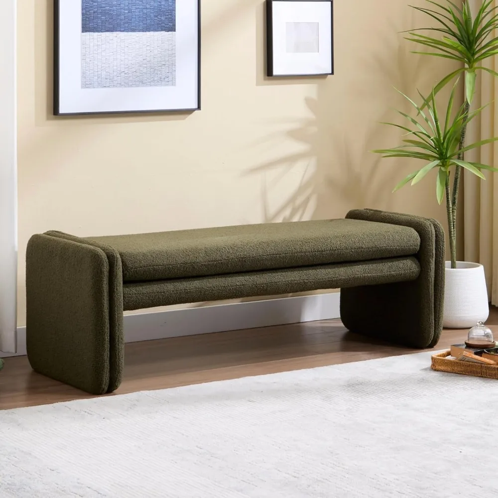 

Green Boucle Bench 50 Sherpa End of Bed Bench Modern Upholstered Bench for Bedroom Entryway Living Room Vanity Makeup Room, Tedd