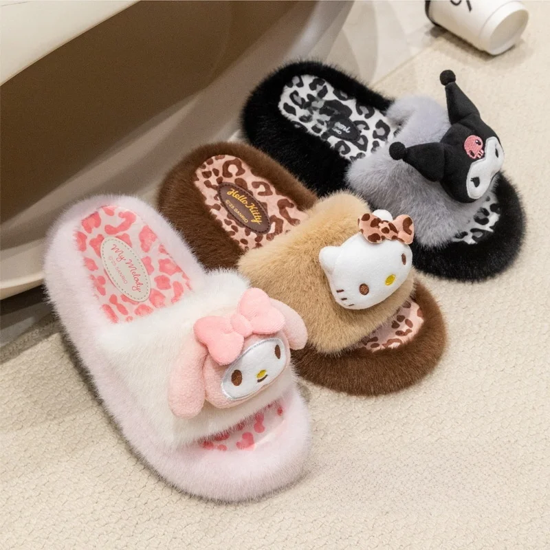 

Детские тапочки, домашняя обувь с рисунком Куроми «Hello Kitty», зимняя обувь с открытым носком для девочек, теплая нескользящая розовая черная обувь, размер 36-41