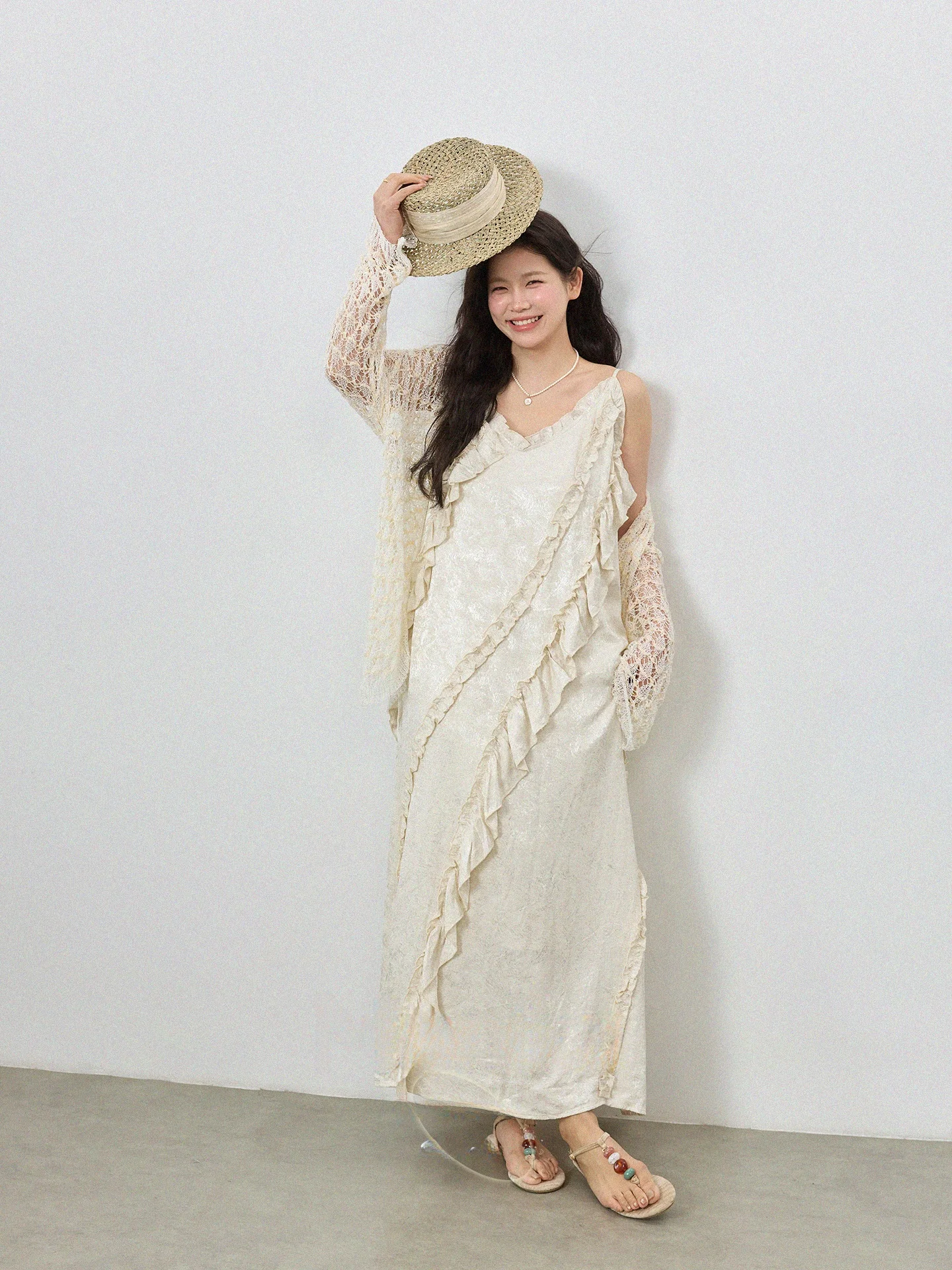 

plus Size Women's Summer New Style Strap Long Dress Two-Piece Set with Shawl Cardigan Wood Grain Korean Loose Fit Dress