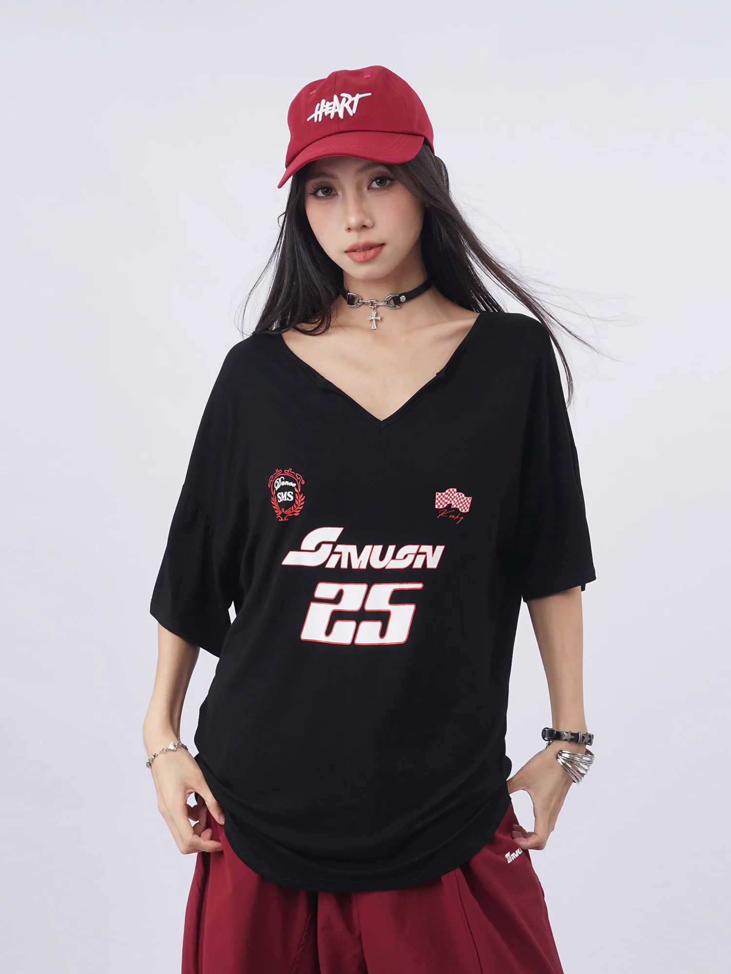 Loose Short Sleeve V-Neck Women's T-shirt Oldwater American Racing Style Color Block Print Casual Cotton High Waist Top