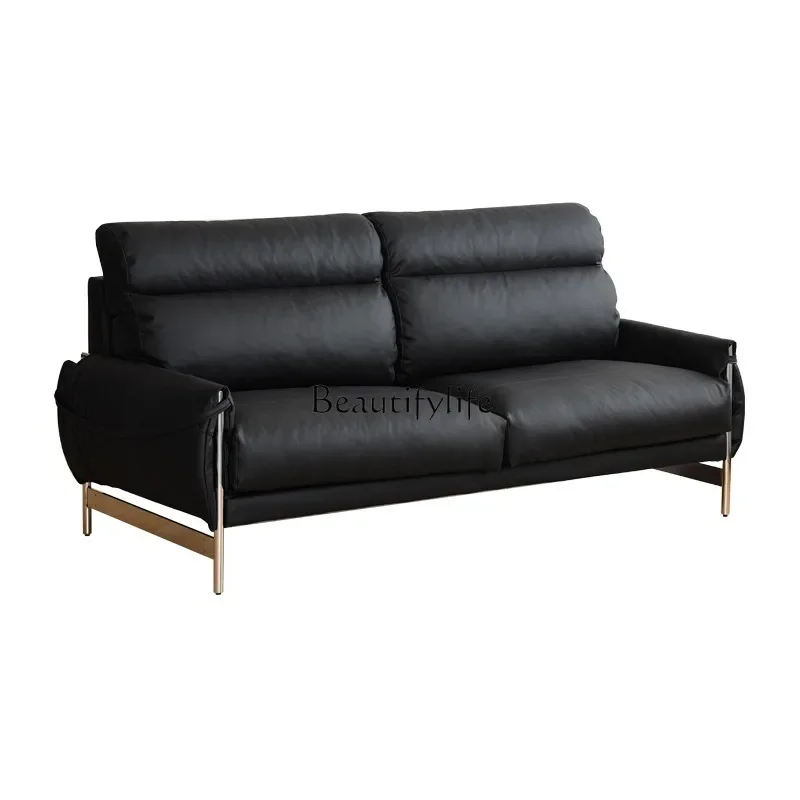 Leather sofa Nordic retro leather living room three-person straight row high backrest sofa