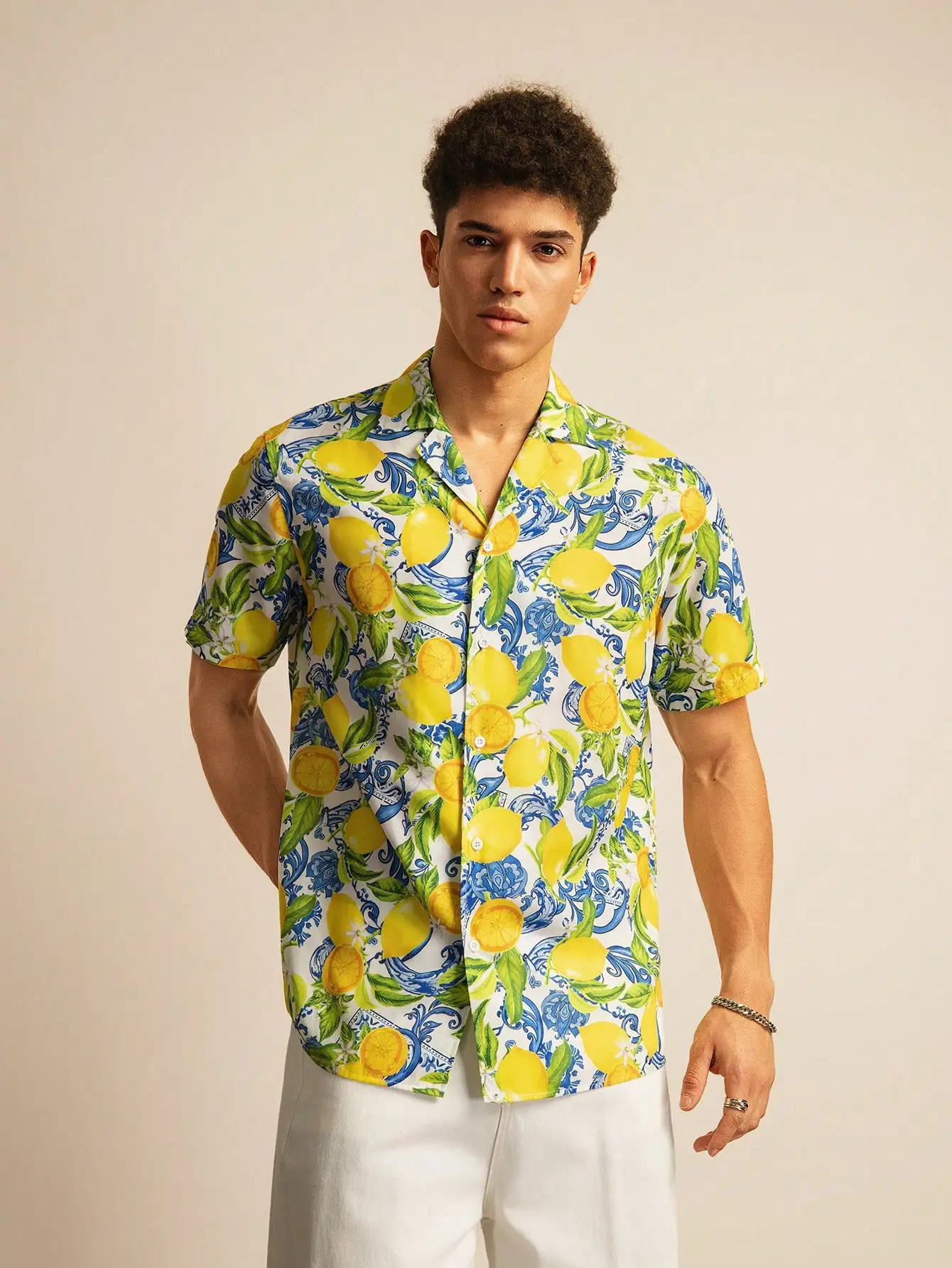 

Lemon Print Short Sleeve Button-Down Shirt for Men, Casual Vacation Style
